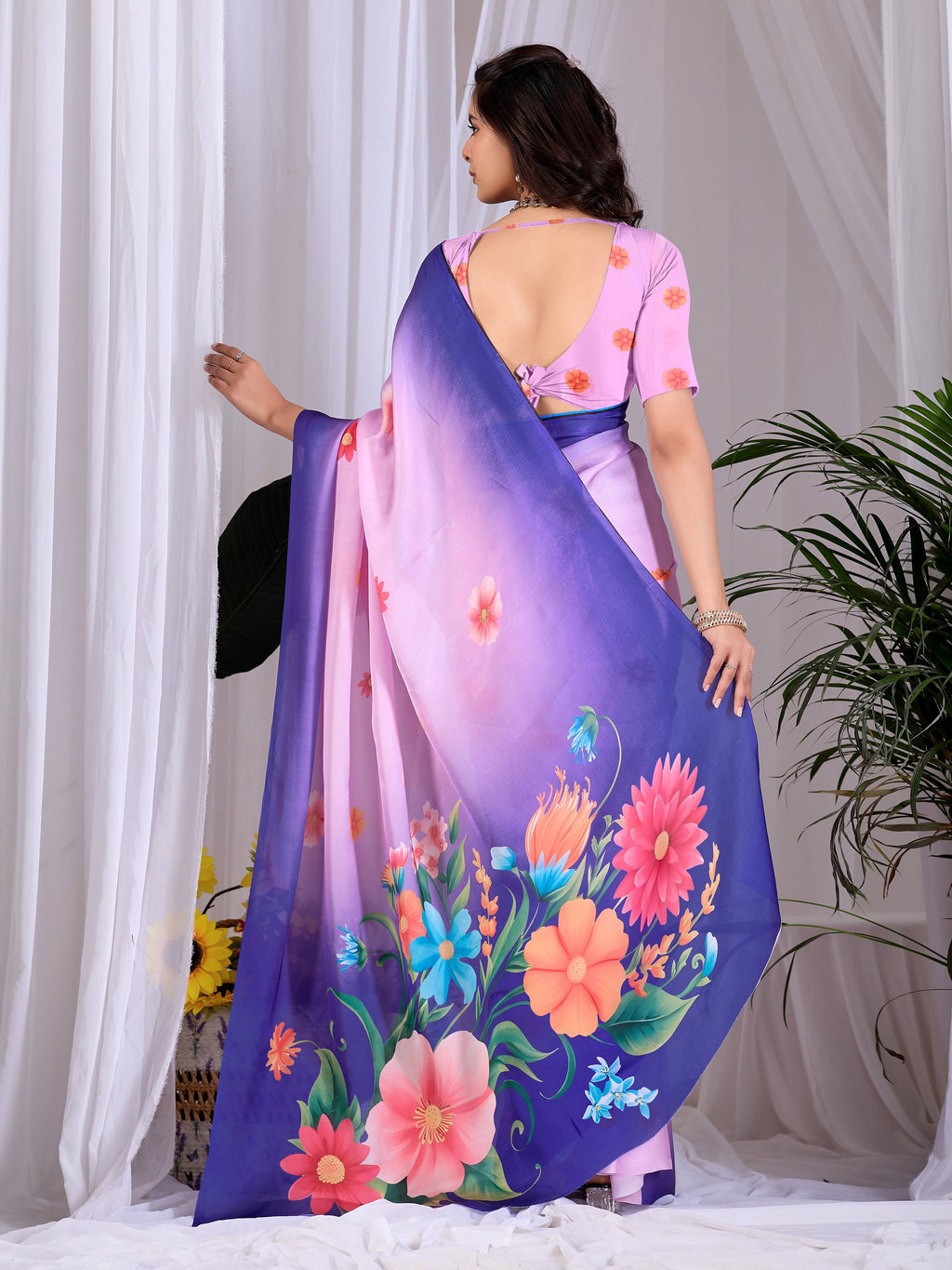 Pink Soft Satin Georgette Printed Saree for Women