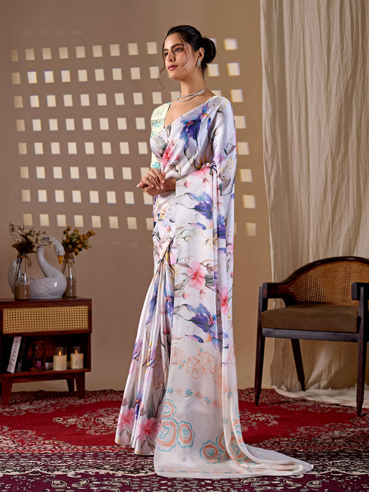 Multi-color soft satin georgette printed saree with cream blouse