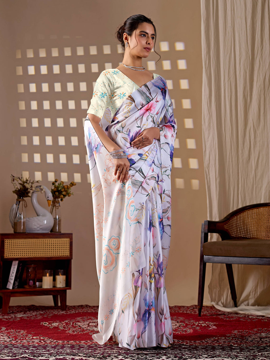 Multi-Color Soft Satin Georgette Printed Saree with Cream Blouse