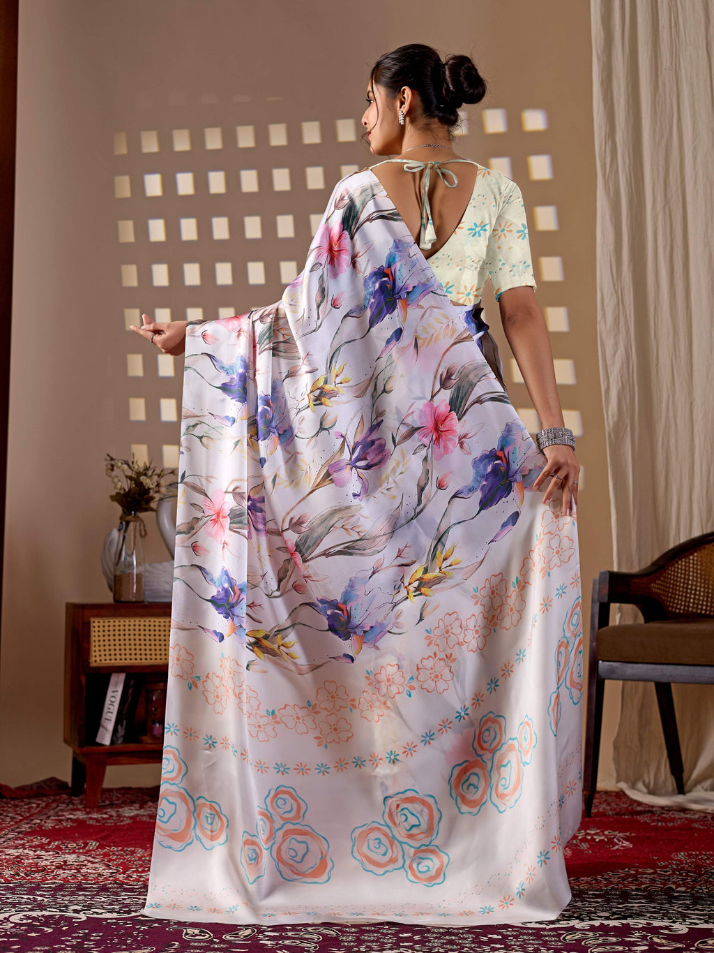 Multi-Color Soft Satin Georgette Printed Saree with Cream Blouse