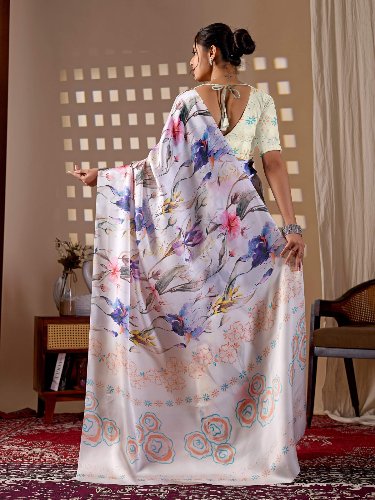Multi-Color Soft Satin Georgette Printed Saree with Cream Blouse