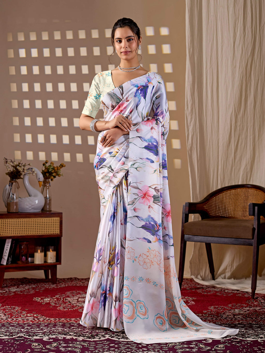 Multi-Color Soft Satin Georgette Printed Saree with Cream Blouse