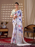 Multi-Color Soft Satin Georgette Printed Saree with Cream Blouse