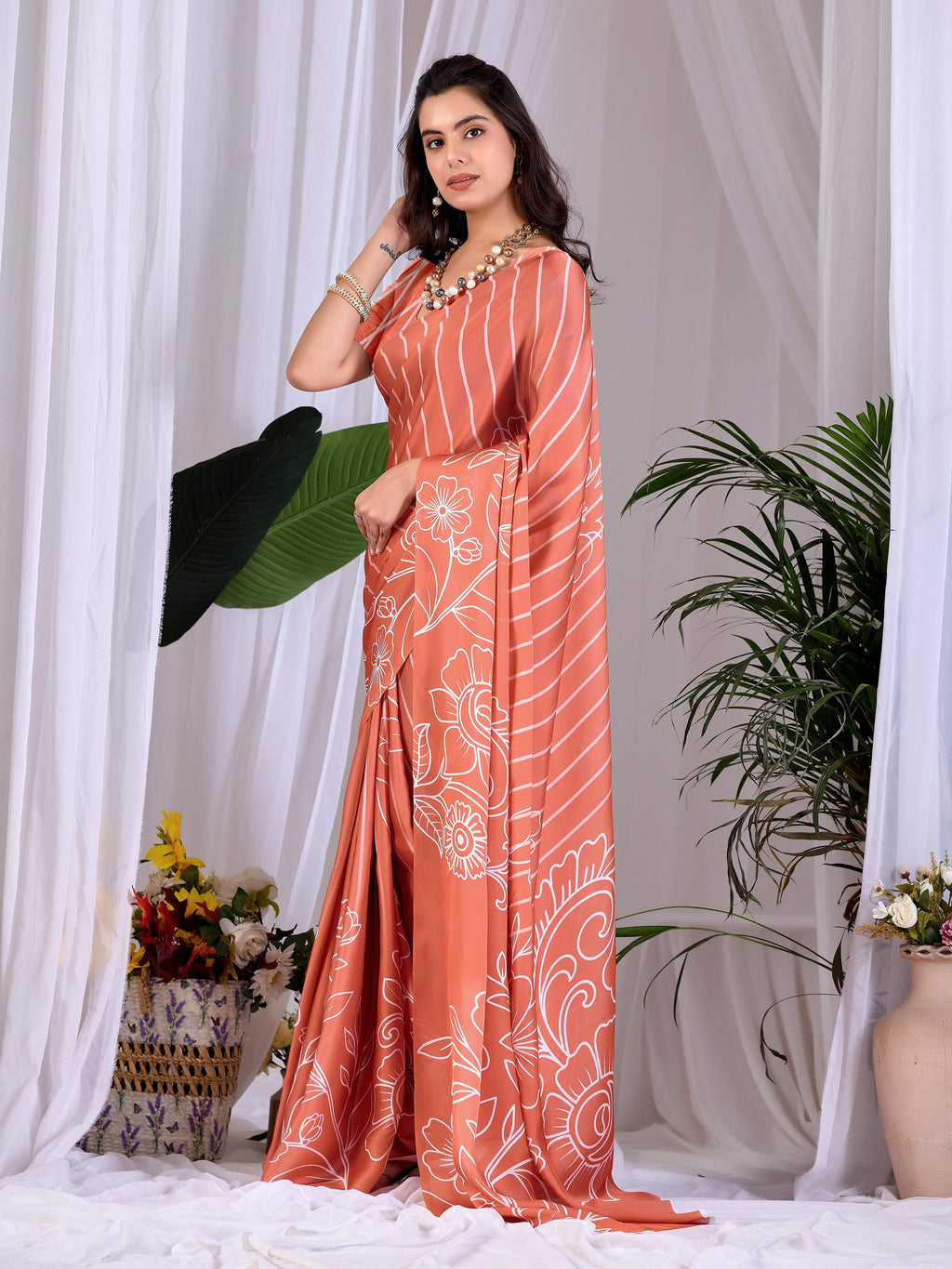 Rust Soft Satin Georgette Printed Saree with Matching Blouse