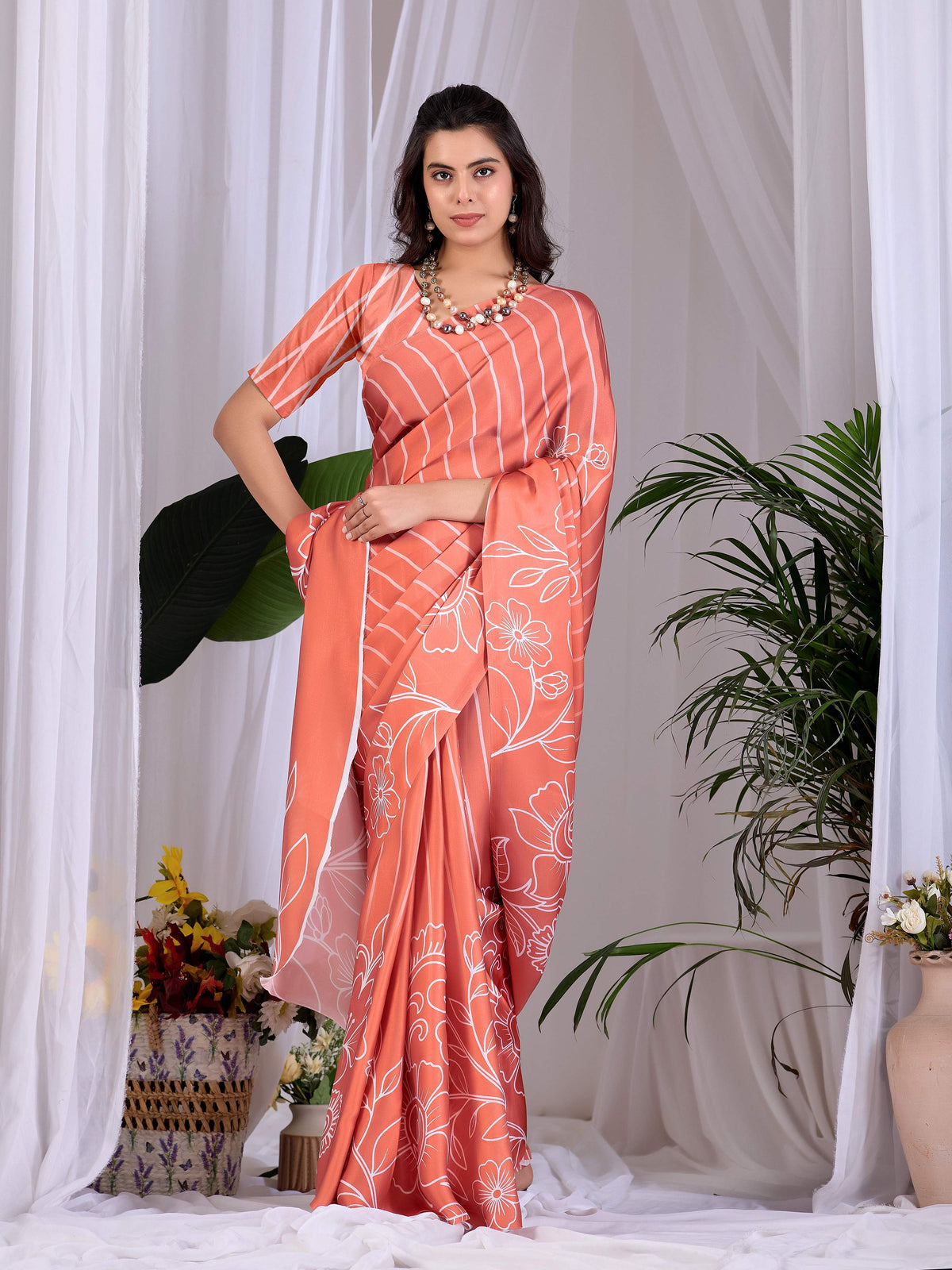 Rust Soft Satin Georgette Printed Saree with Matching Blouse
