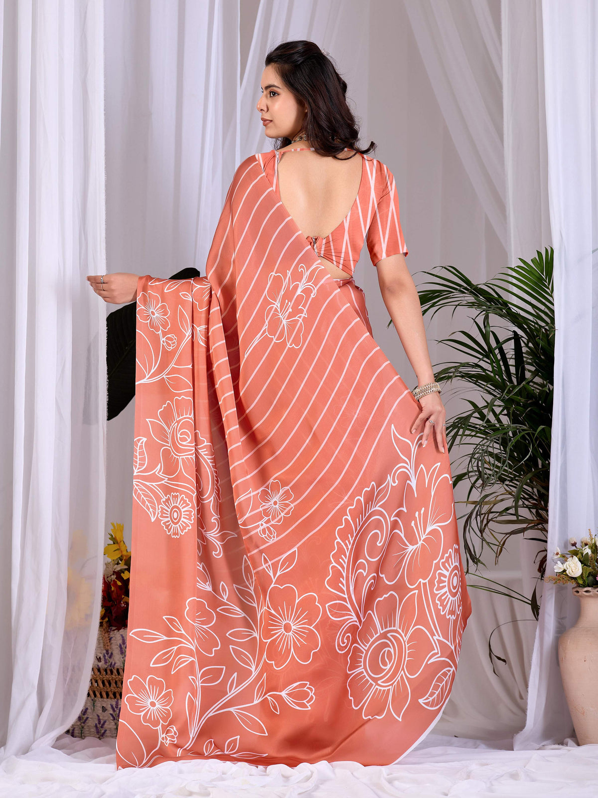 Rust Soft Satin Georgette Printed Saree with Matching Blouse