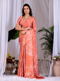 Rust colored soft satin georgette printed saree with matching blouse piece