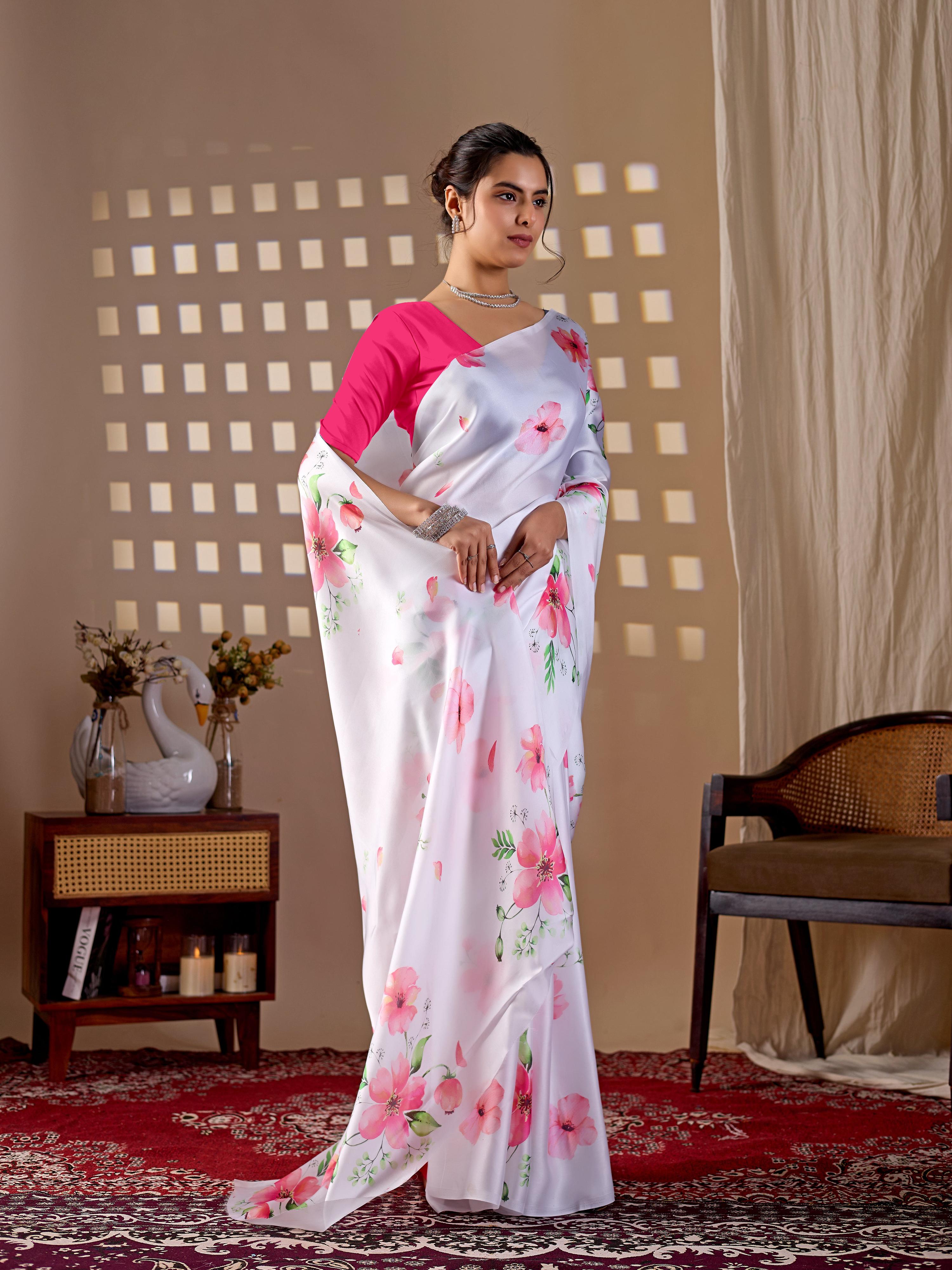 White Soft Satin Georgette Printed Saree with Magenta Blouse