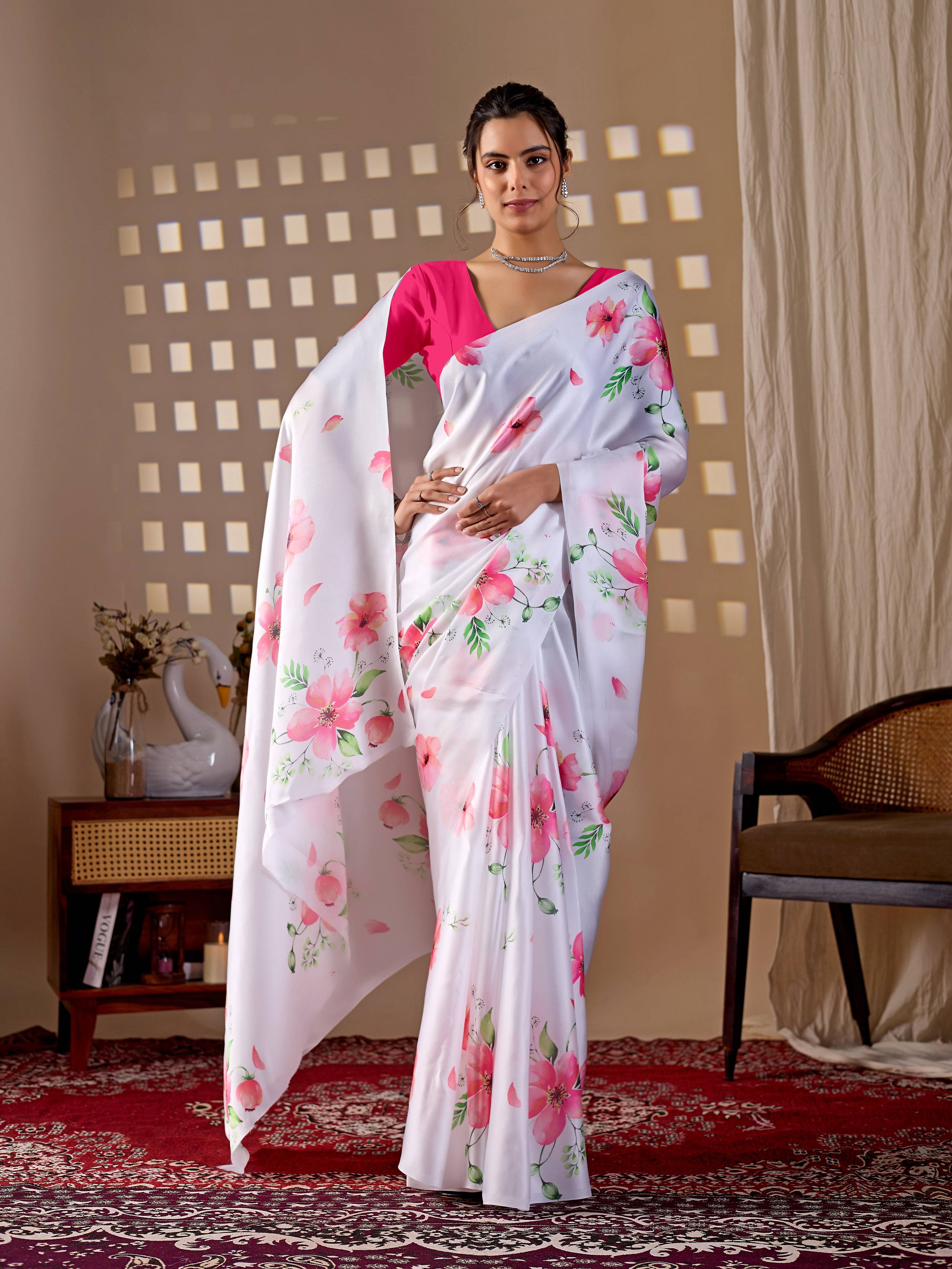 White Soft Satin Georgette Printed Saree with Magenta Blouse