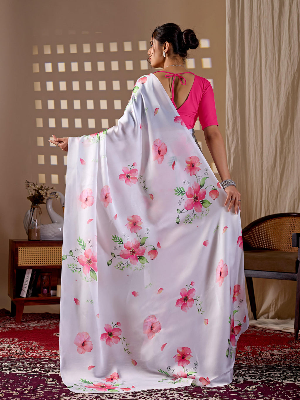 White Soft Satin Georgette Printed Saree with Magenta Blouse