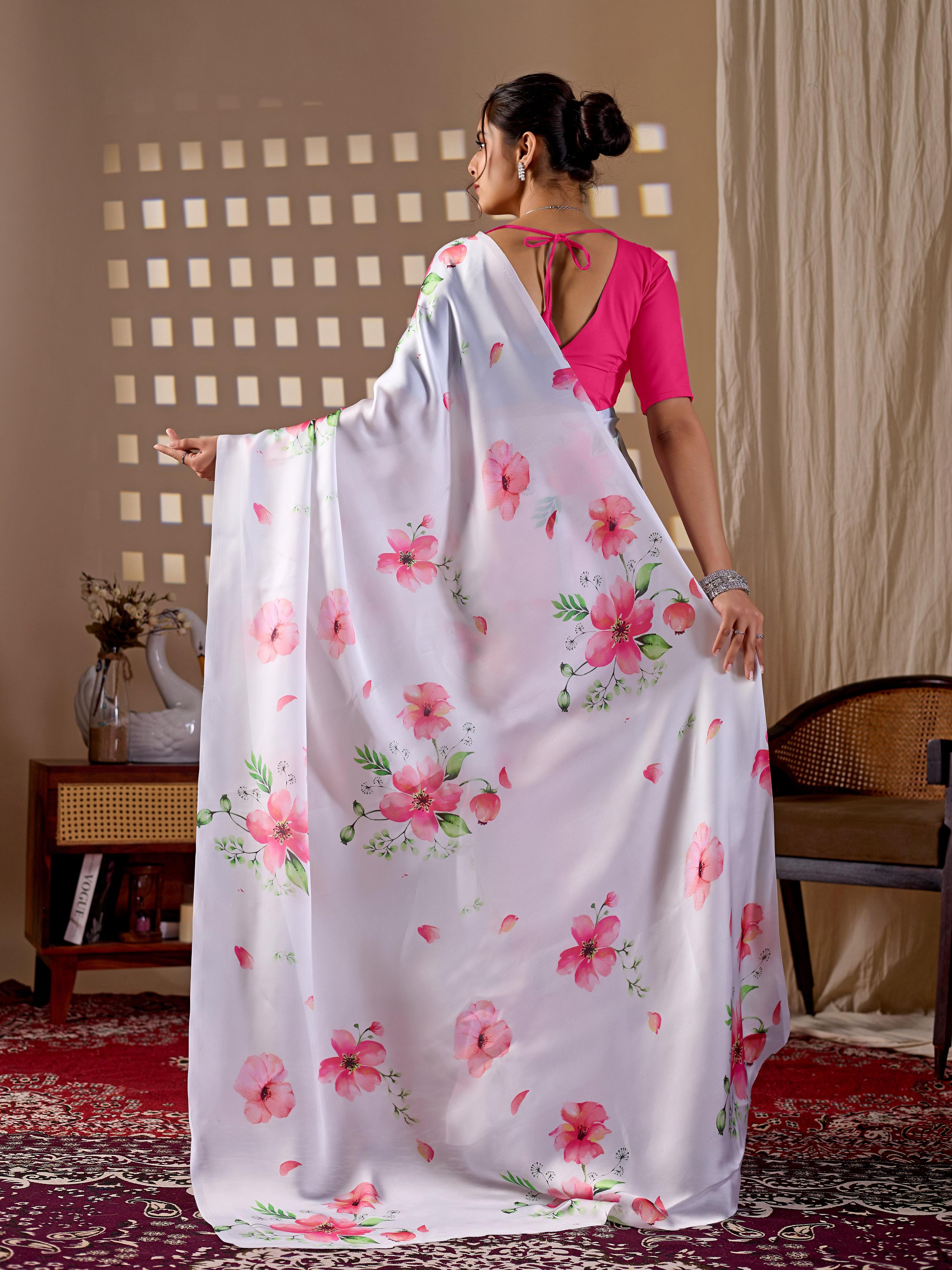 White Soft Satin Georgette Printed Saree with Magenta Blouse