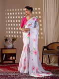 White soft satin georgette printed saree with magenta blouse