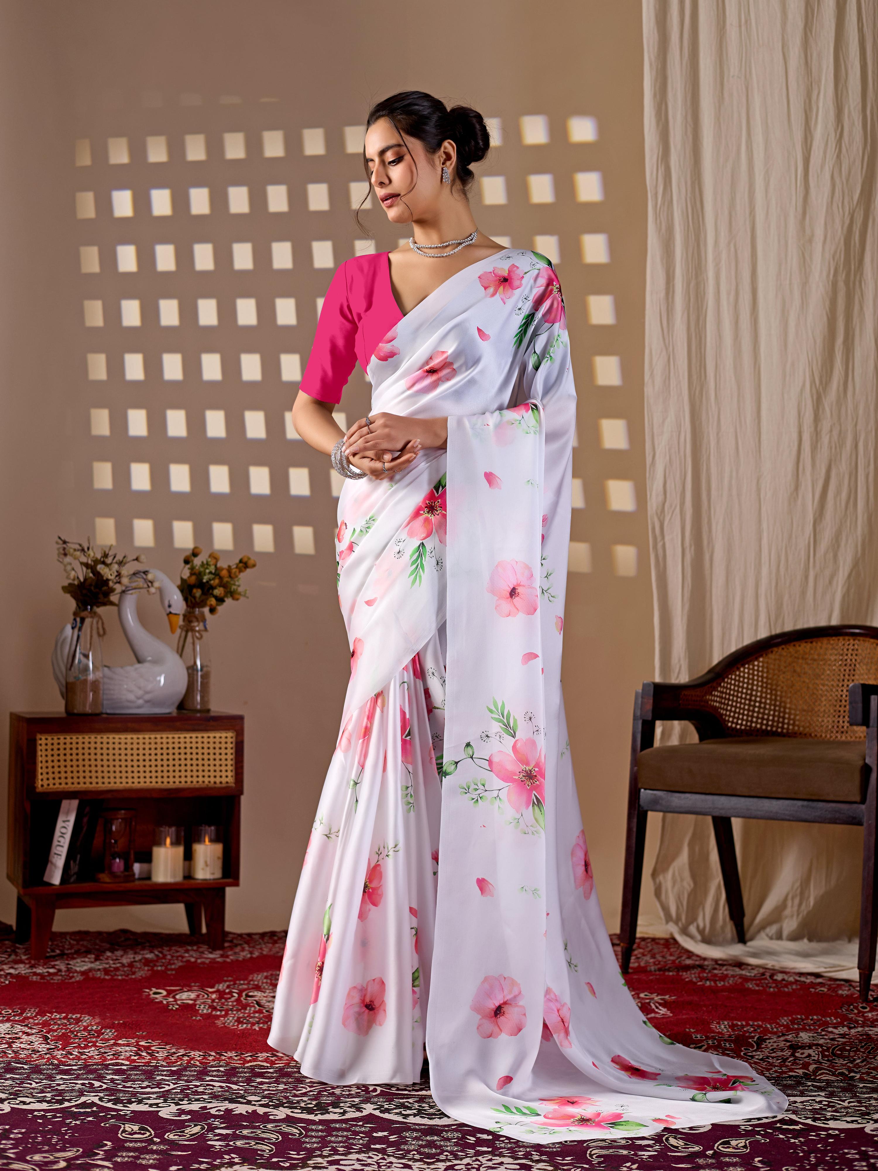 White soft satin georgette printed saree with magenta blouse