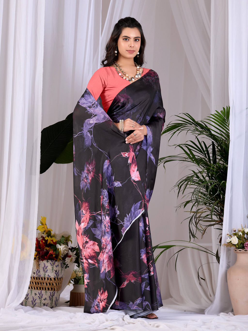 Black Soft Satin Georgette Printed Saree with Peach Blouse