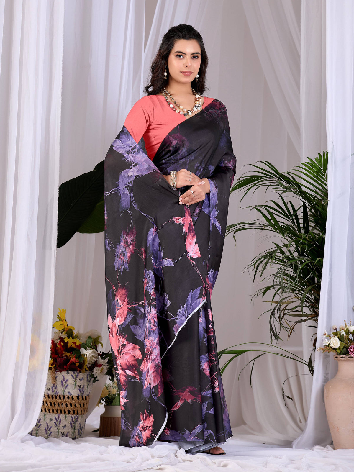 Black Soft Satin Georgette Printed Saree with Peach Blouse