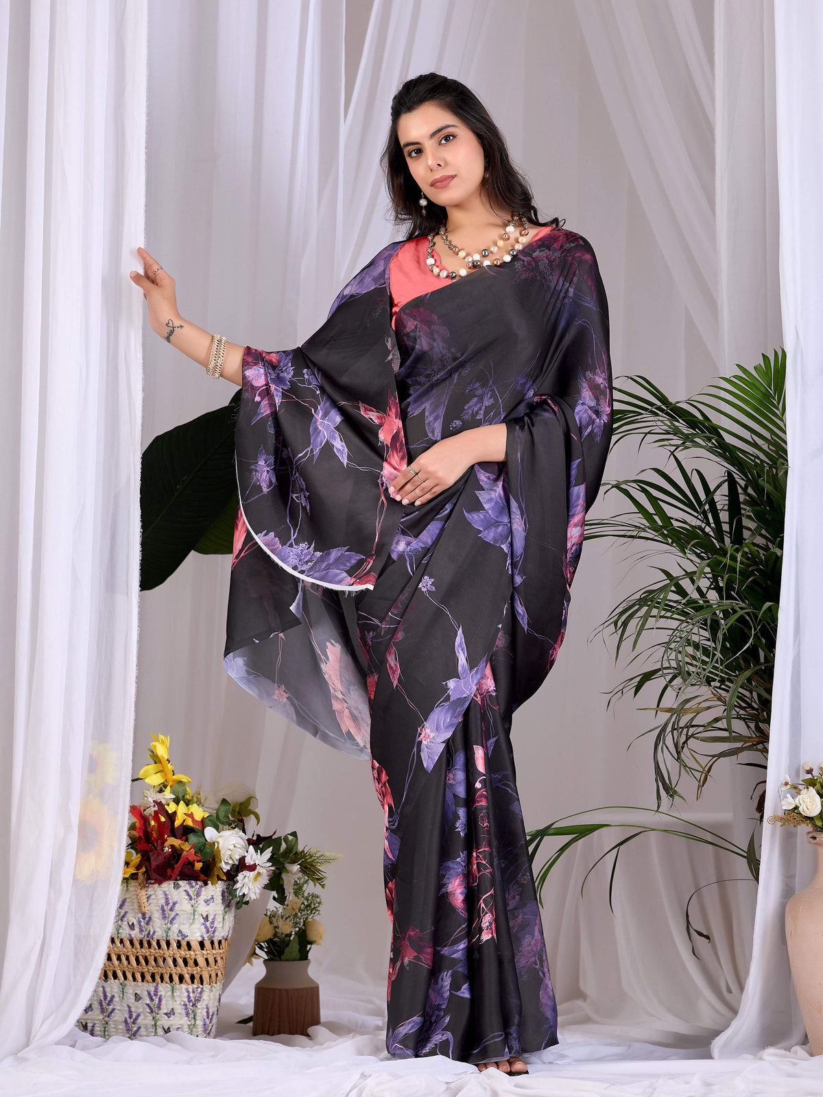 Black Soft Satin Georgette Printed Saree with Peach Blouse