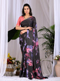 Black Soft Satin Georgette Printed Saree with Peach Blouse