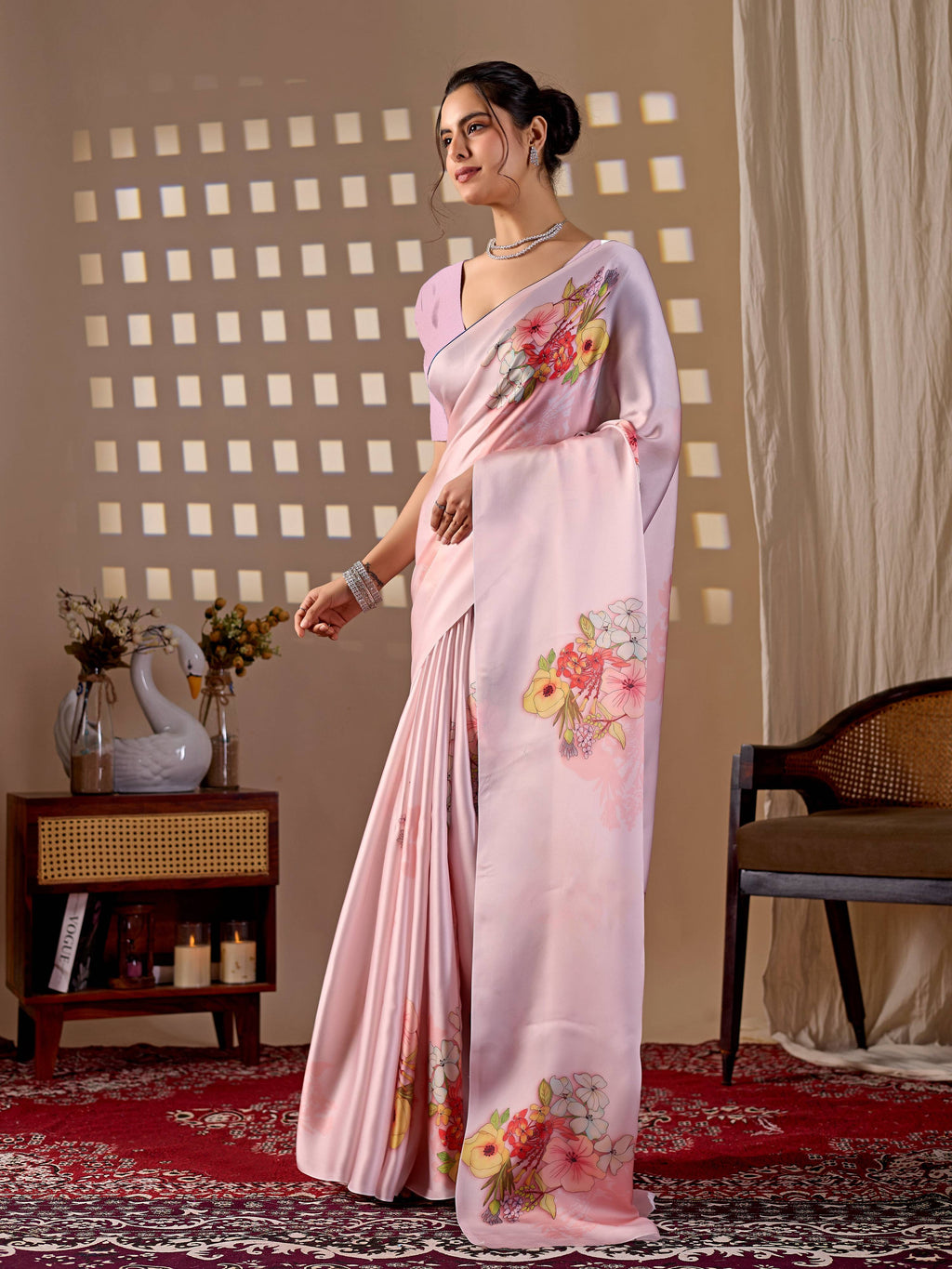 Light Pink Soft Satin Georgette Printed Saree