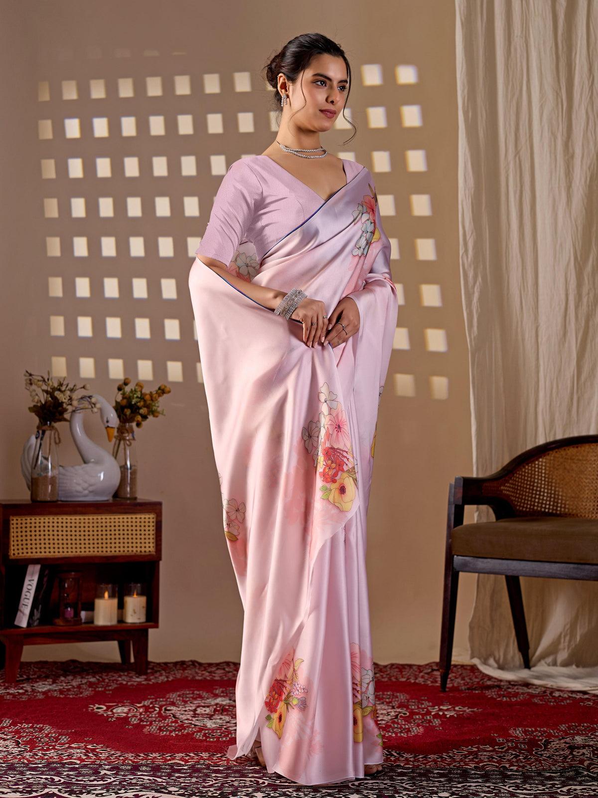Light Pink Soft Satin Georgette Printed Saree