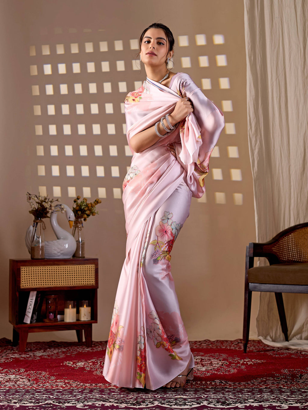 Light Pink Soft Satin Georgette Printed Saree