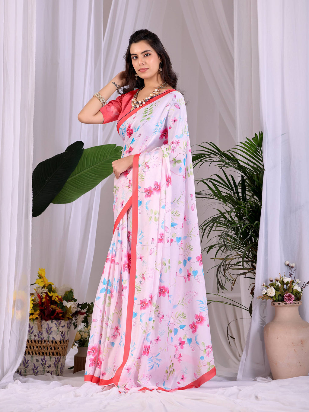 Pink Soft Satin Georgette Printed Saree with Red Blouse