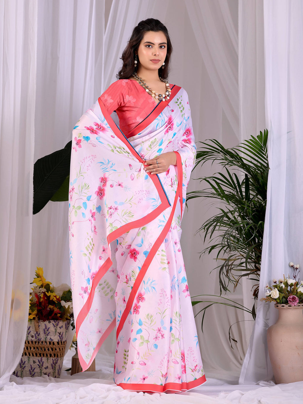 Pink Soft Satin Georgette Printed Saree with Red Blouse