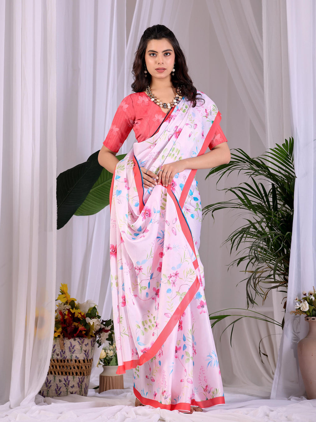 Pink Soft Satin Georgette Printed Saree with Red Blouse