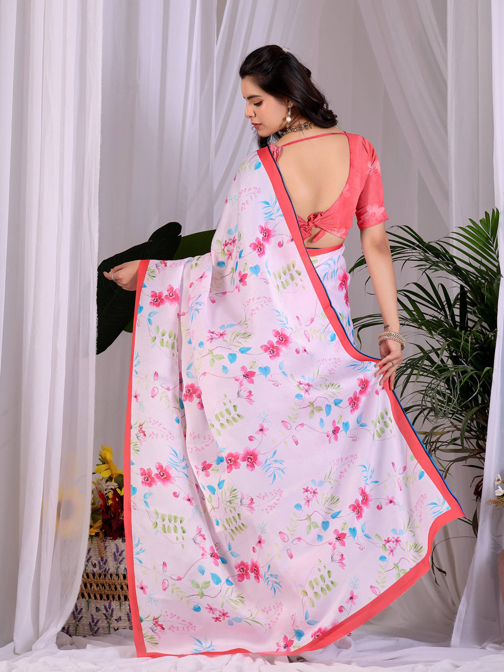 Pink Soft Satin Georgette Printed Saree with Red Blouse
