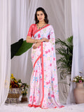 Aastha Fashion Pink Soft Satin Georgette Printed Saree with a red blouse piece draped elegantly.