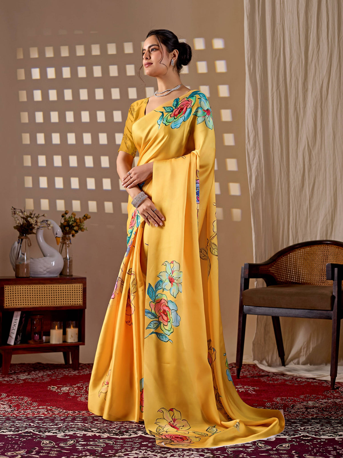 Yellow Soft Satin Georgette Printed Saree with Matching Blouse