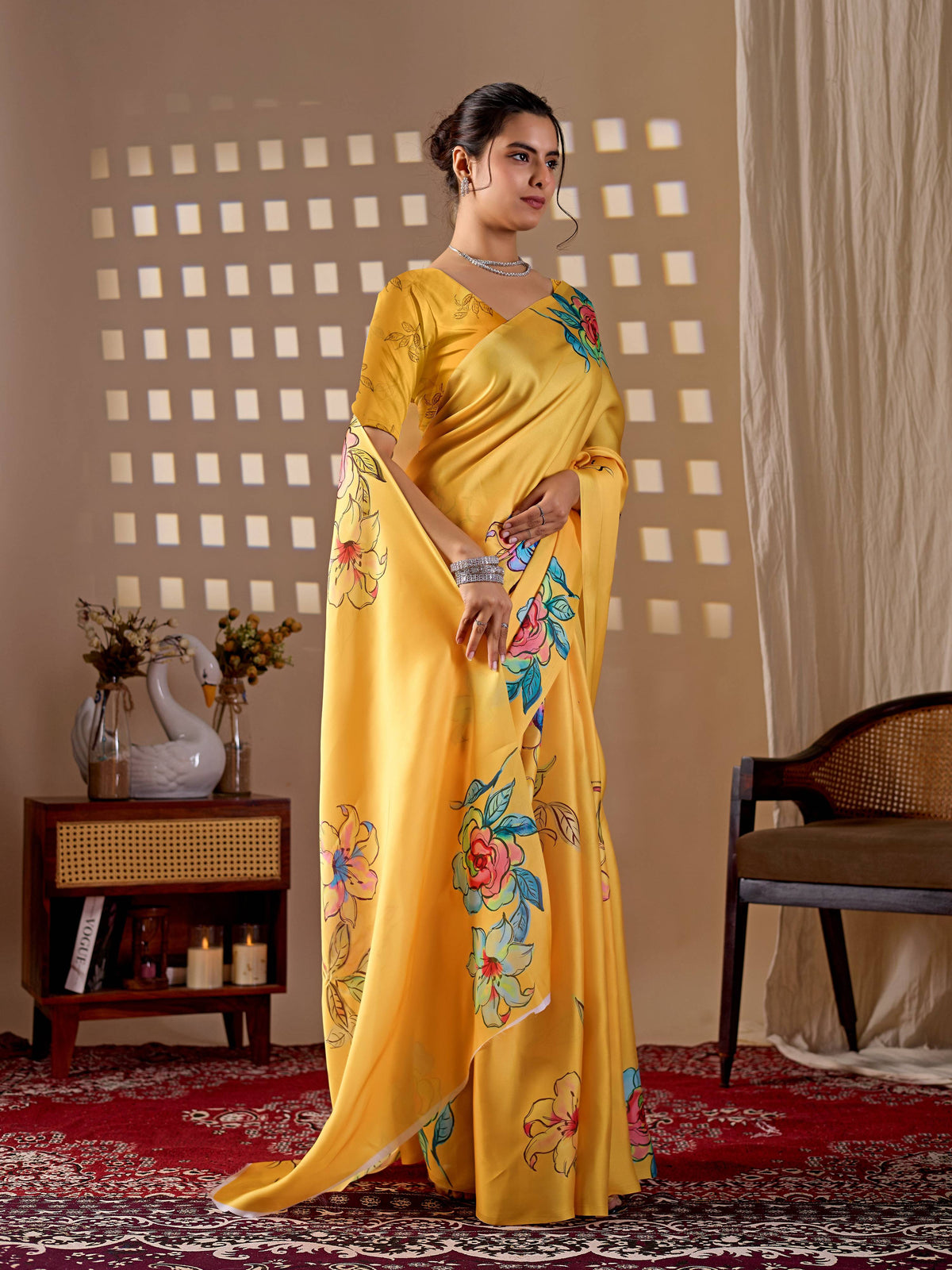 Yellow Soft Satin Georgette Printed Saree with Matching Blouse