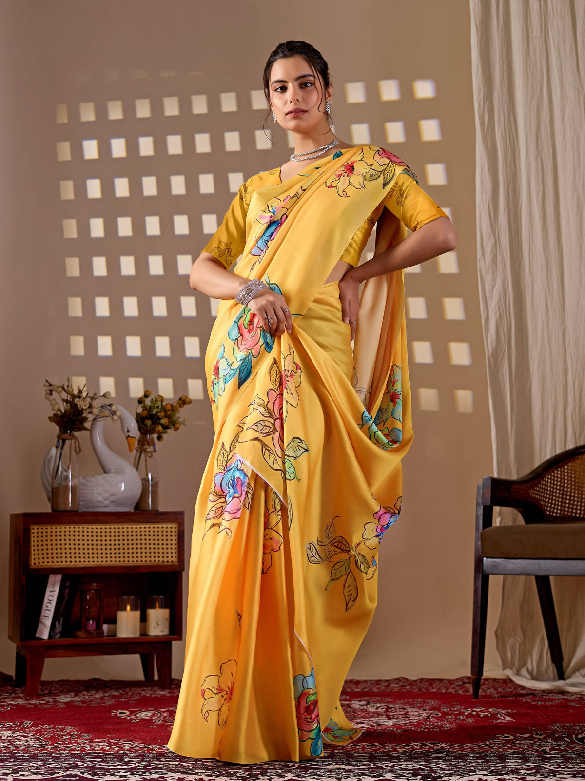 Yellow Soft Satin Georgette Printed Saree with Matching Blouse