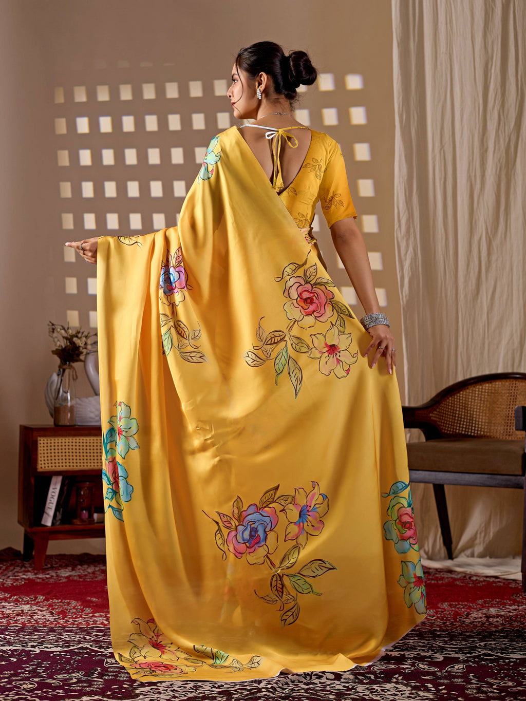 Yellow Soft Satin Georgette Printed Saree with Matching Blouse