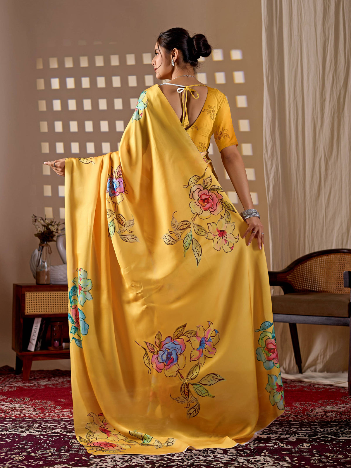 Yellow Soft Satin Georgette Printed Saree with Matching Blouse