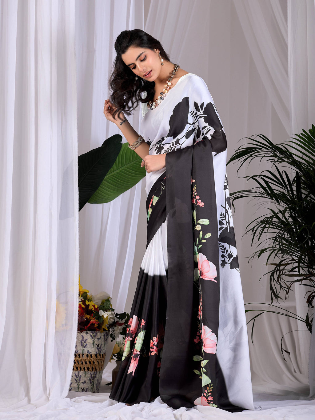 Multi-Color Printed Soft Satin Georgette Saree with Grey Blouse