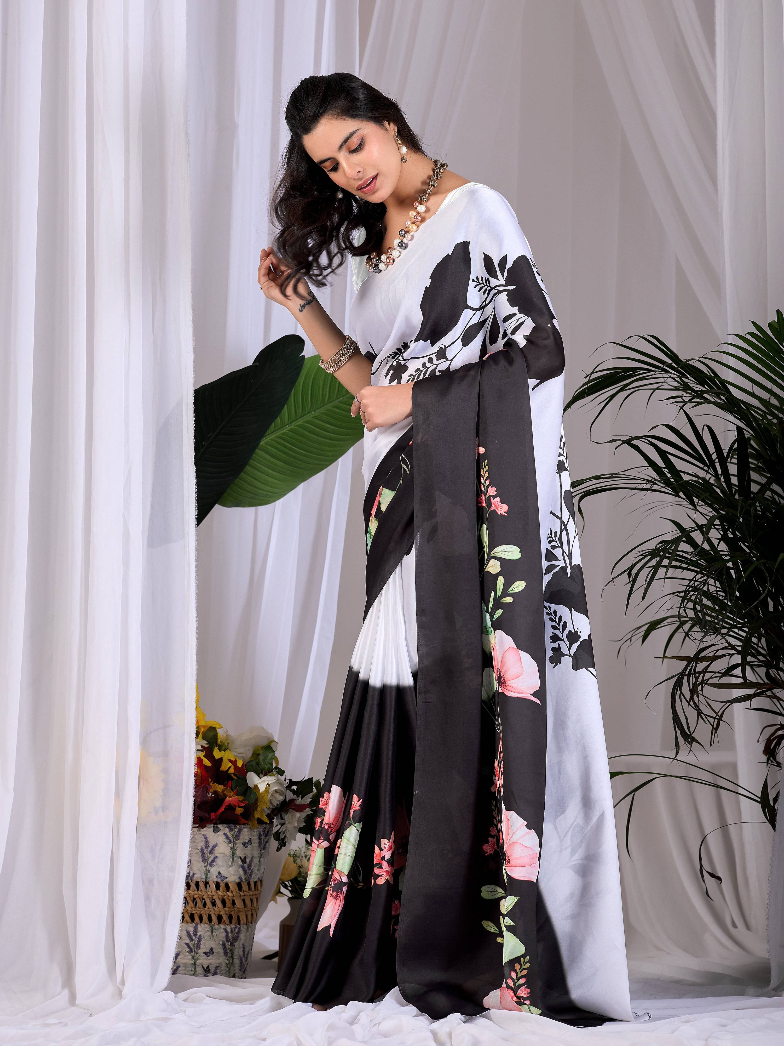Multi-Color Printed Soft Satin Georgette Saree with Grey Blouse