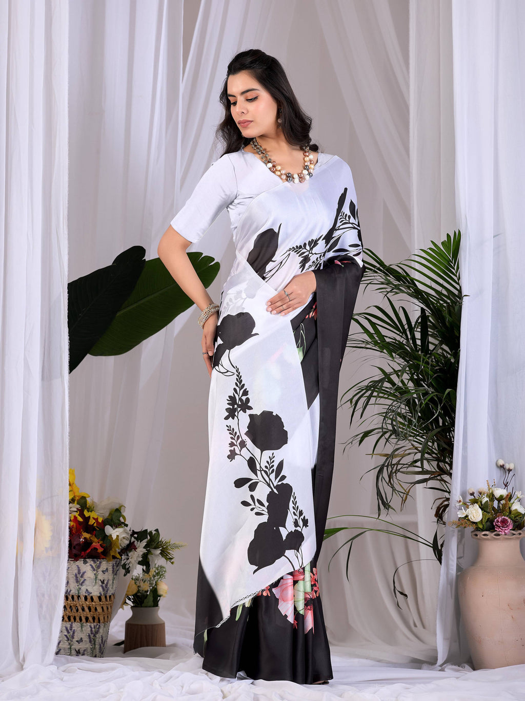 Multi-Color Printed Soft Satin Georgette Saree with Grey Blouse