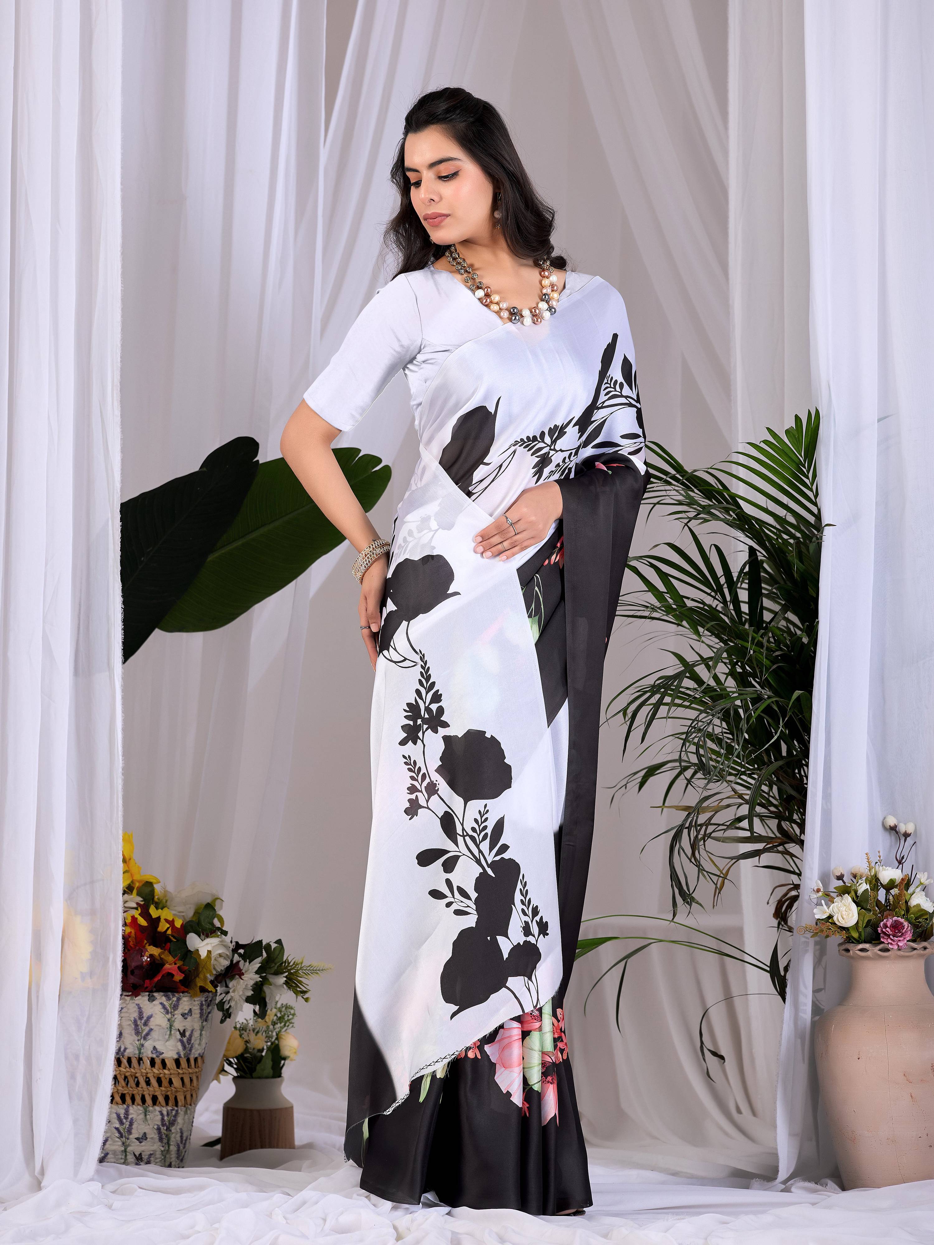 Multi-Color Printed Soft Satin Georgette Saree with Grey Blouse