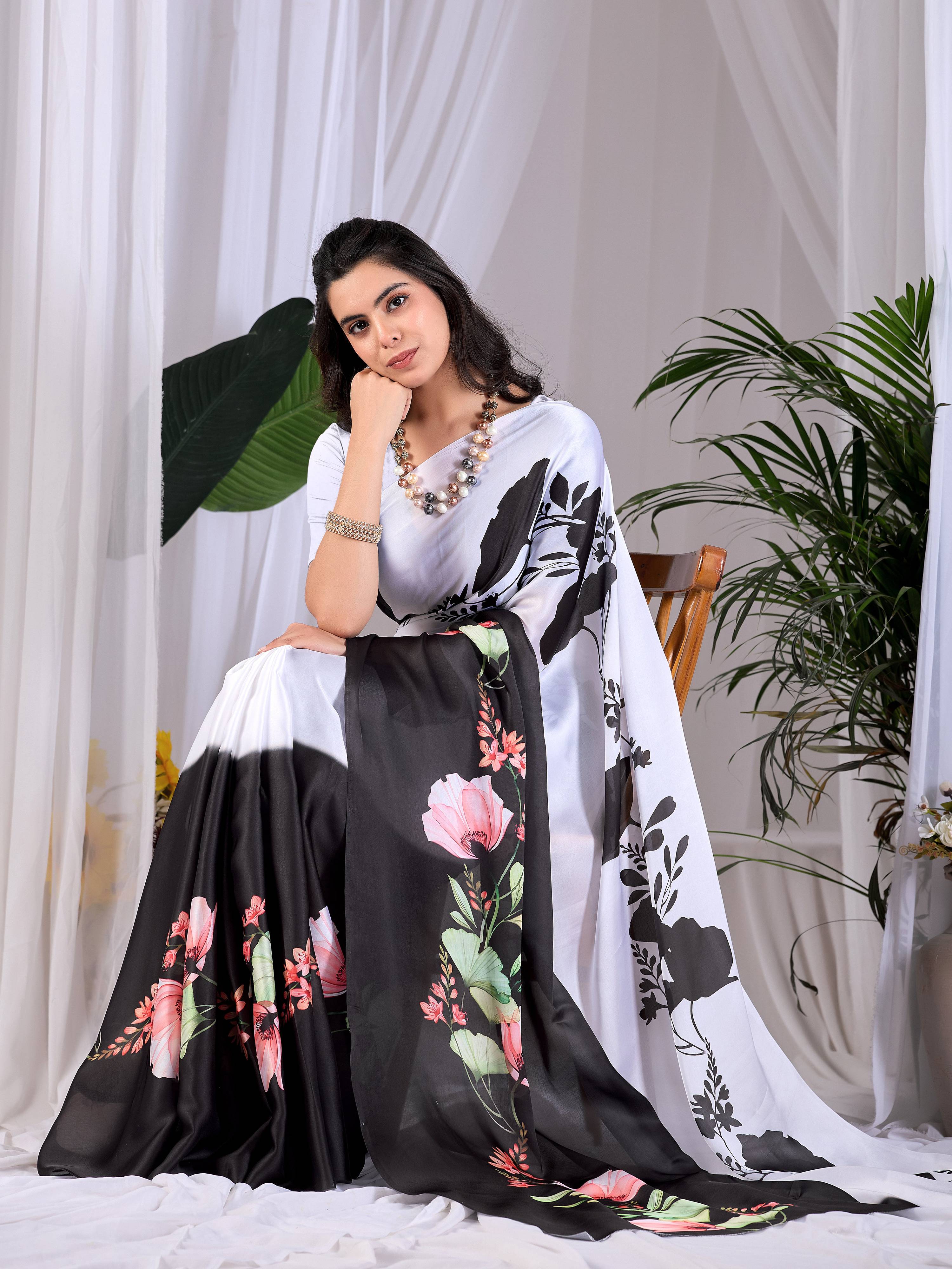 Multi-Color Printed Soft Satin Georgette Saree with Grey Blouse