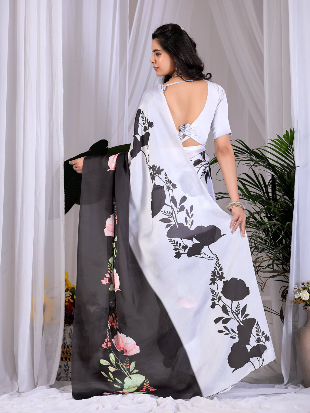Multi-Color Printed Soft Satin Georgette Saree with Grey Blouse