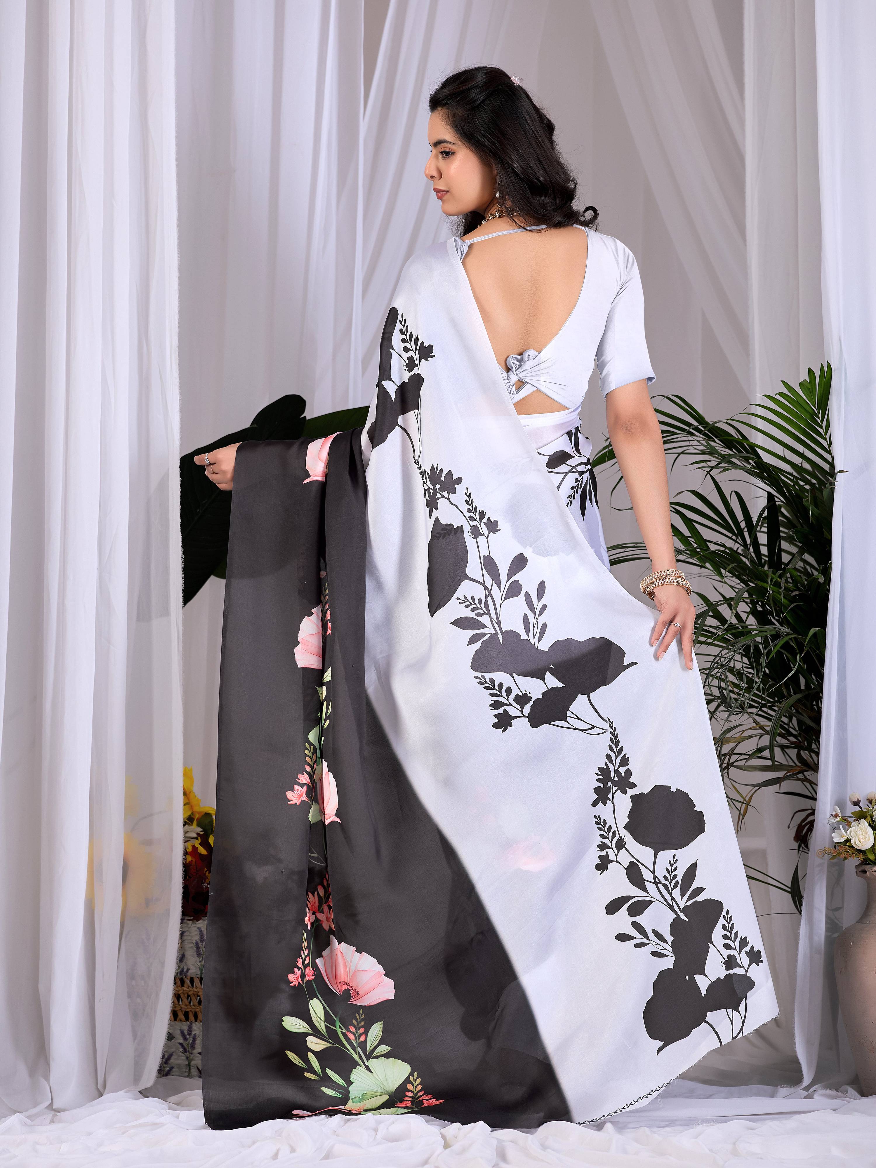 Multi-Color Printed Soft Satin Georgette Saree with Grey Blouse