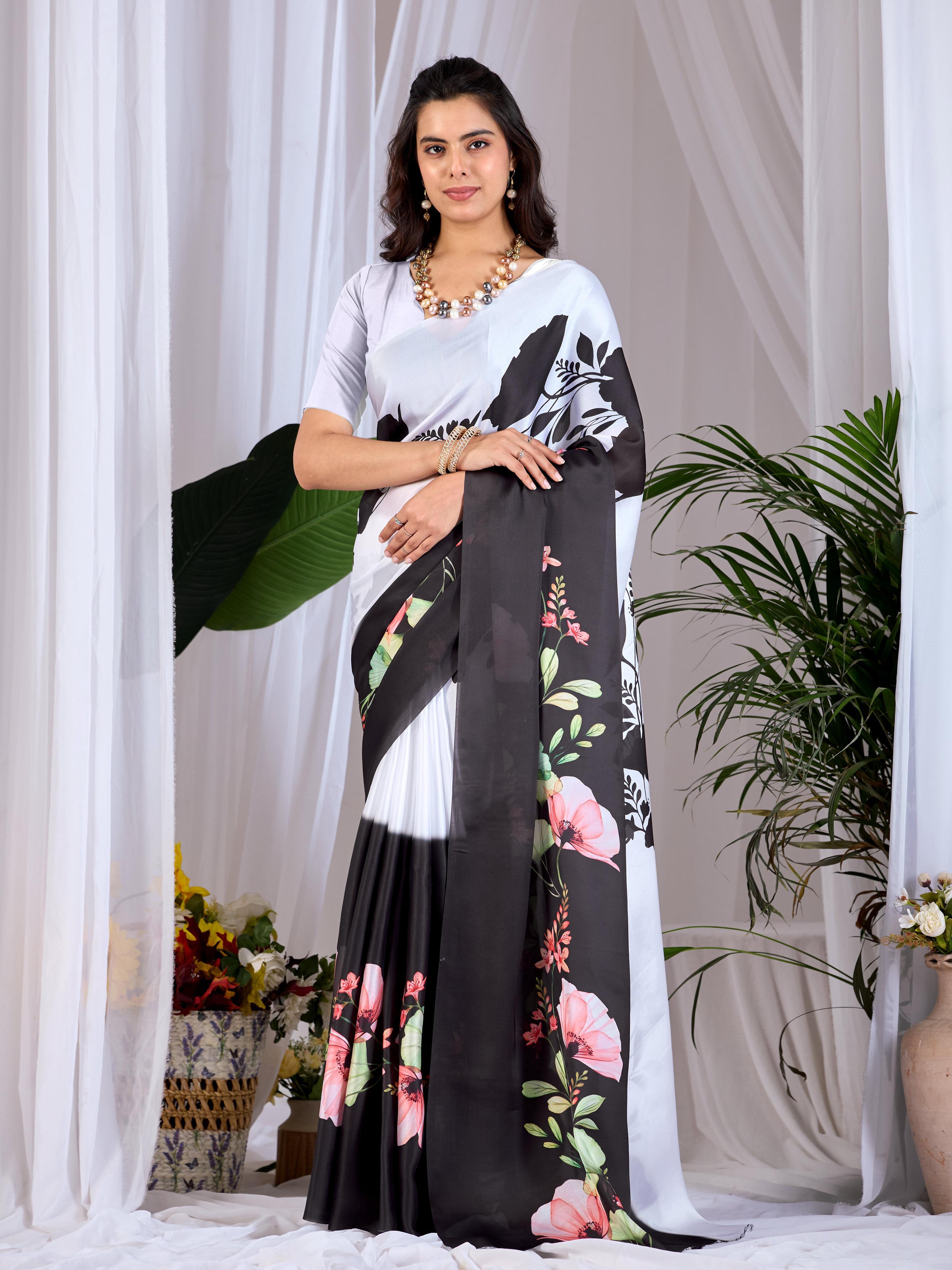 Multi-color soft satin georgette saree with a printed design and grey blouse