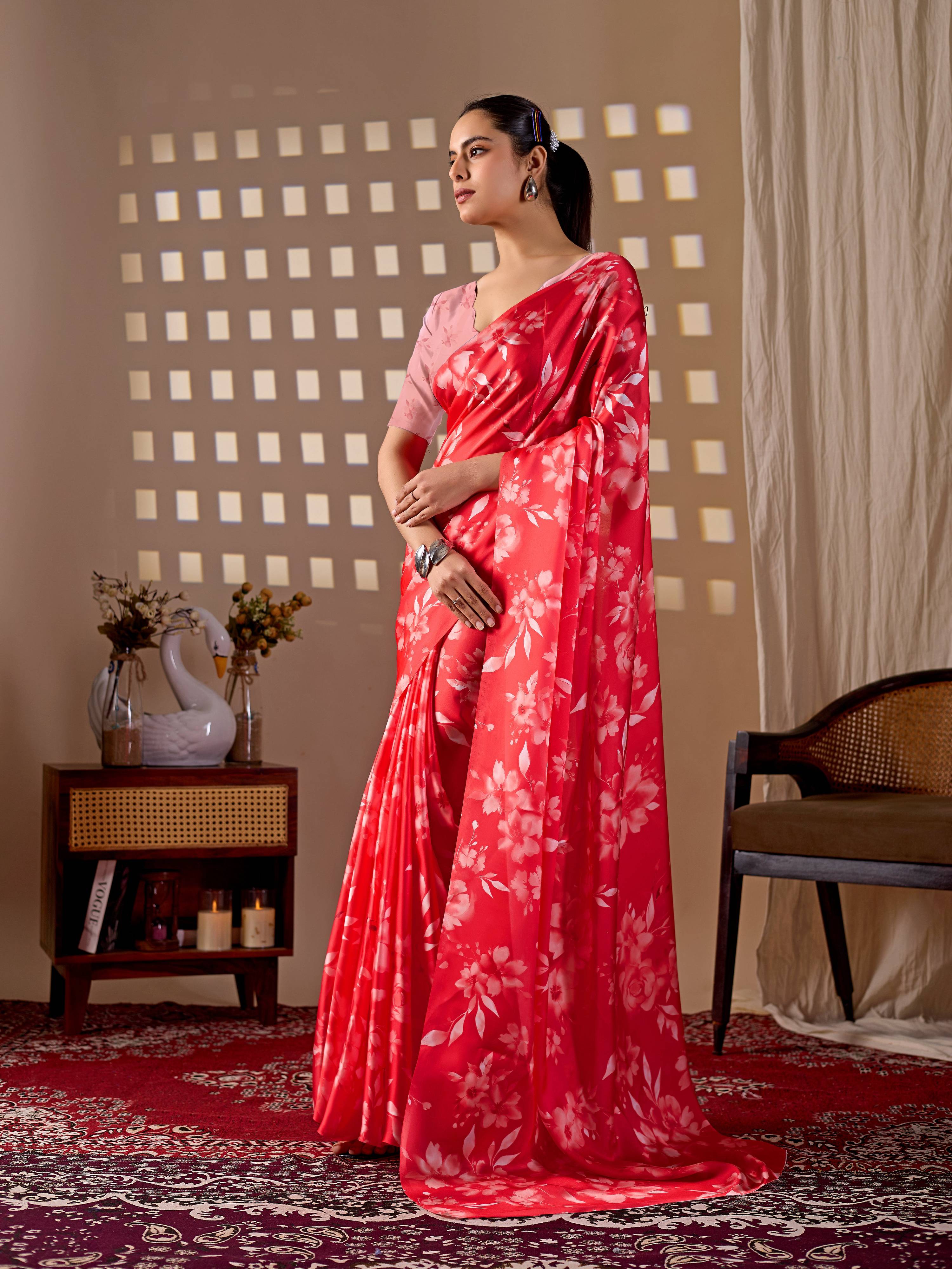 Red Soft Satin Georgette Printed Saree with Peach Blouse