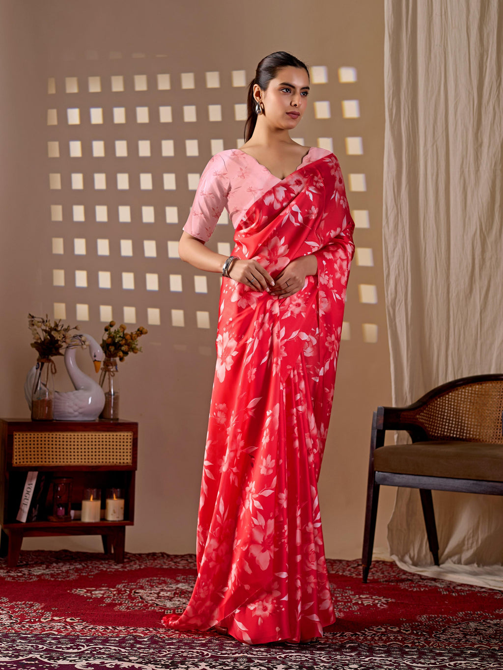 Red Soft Satin Georgette Printed Saree with Peach Blouse