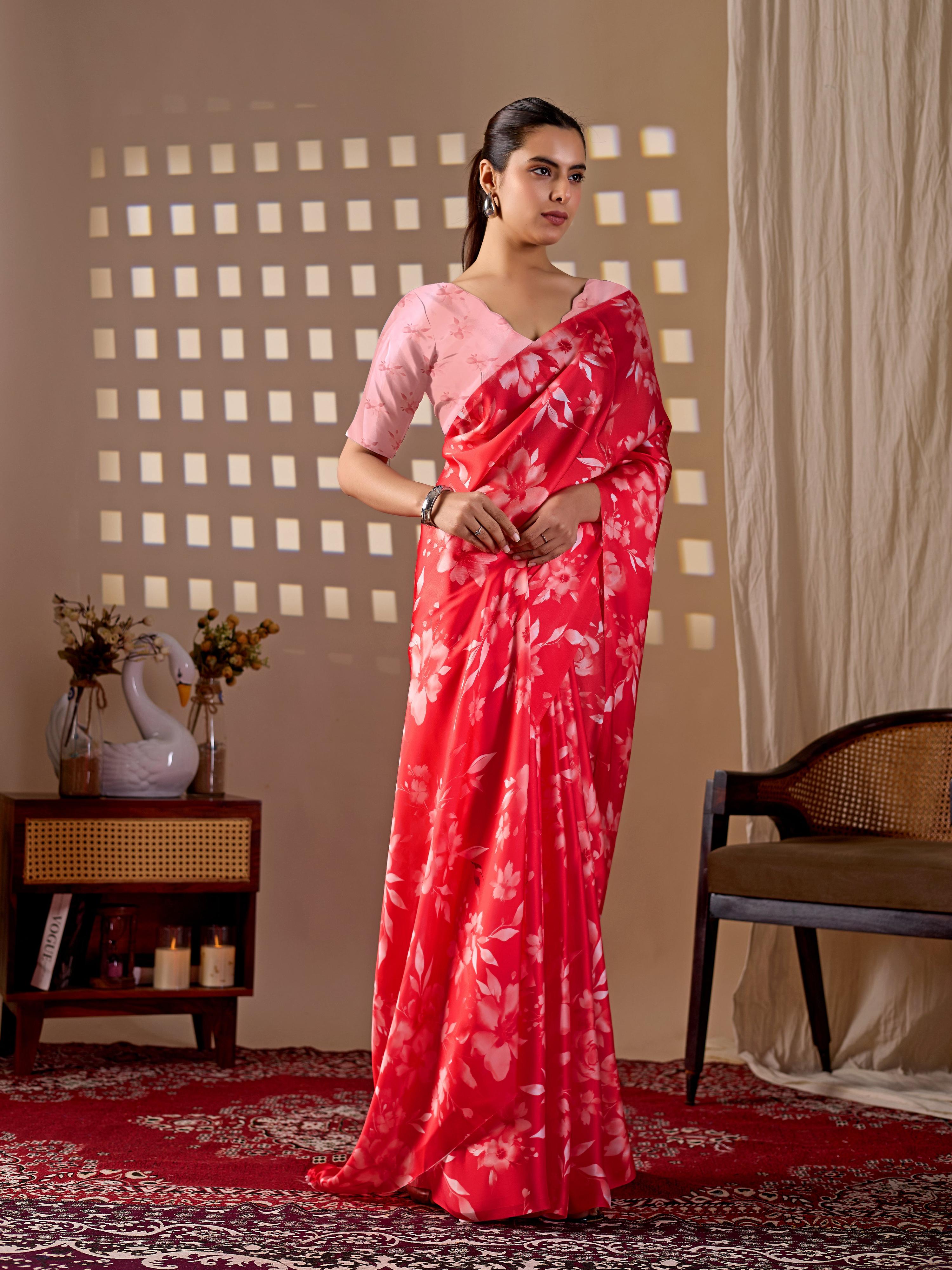Red Soft Satin Georgette Printed Saree with Peach Blouse