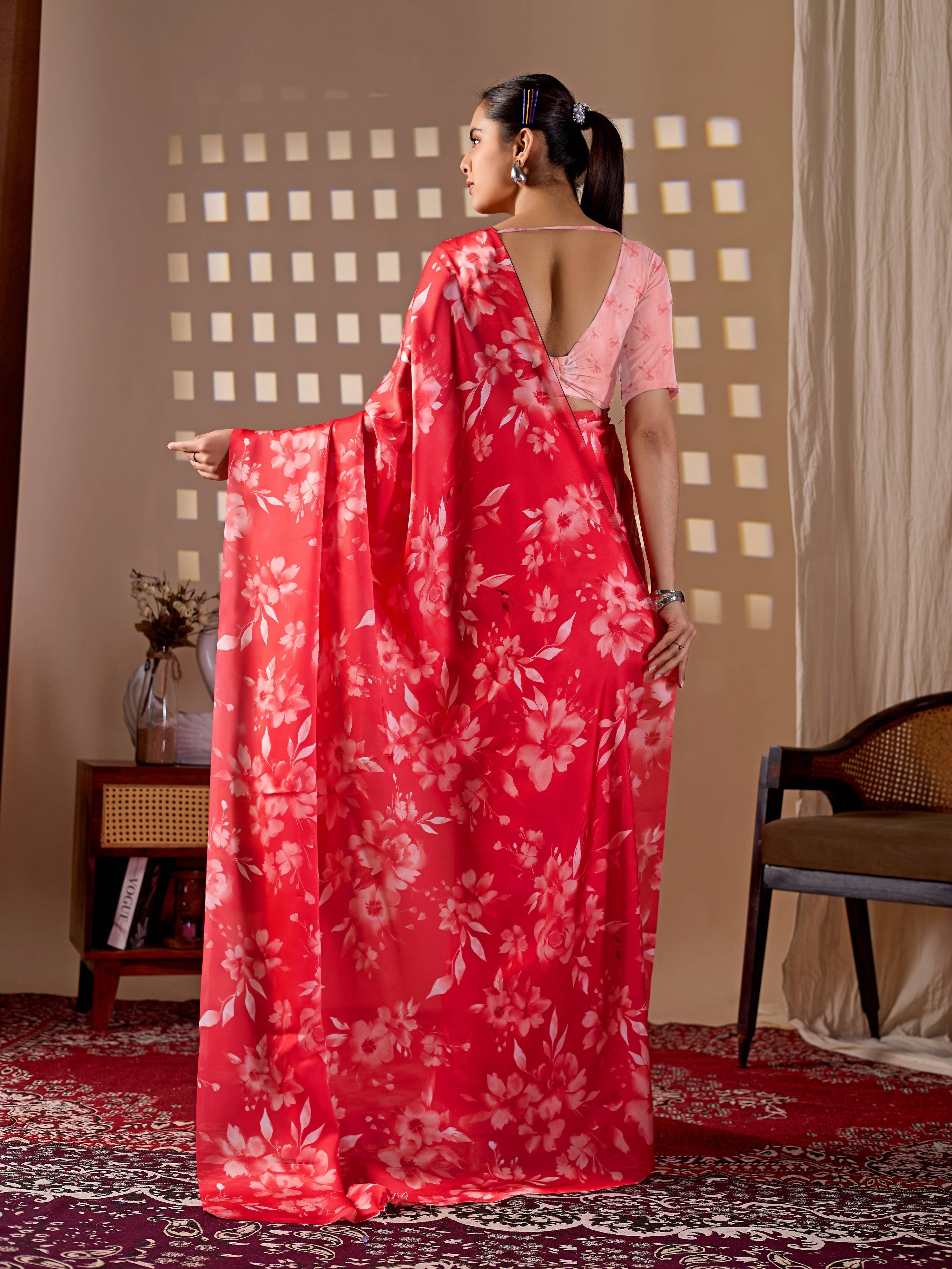 Red Soft Satin Georgette Printed Saree with Peach Blouse