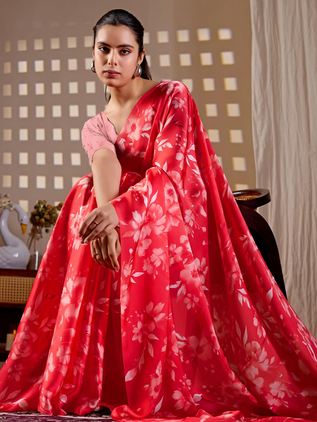 Red Soft Satin Georgette Printed Saree with Peach Blouse