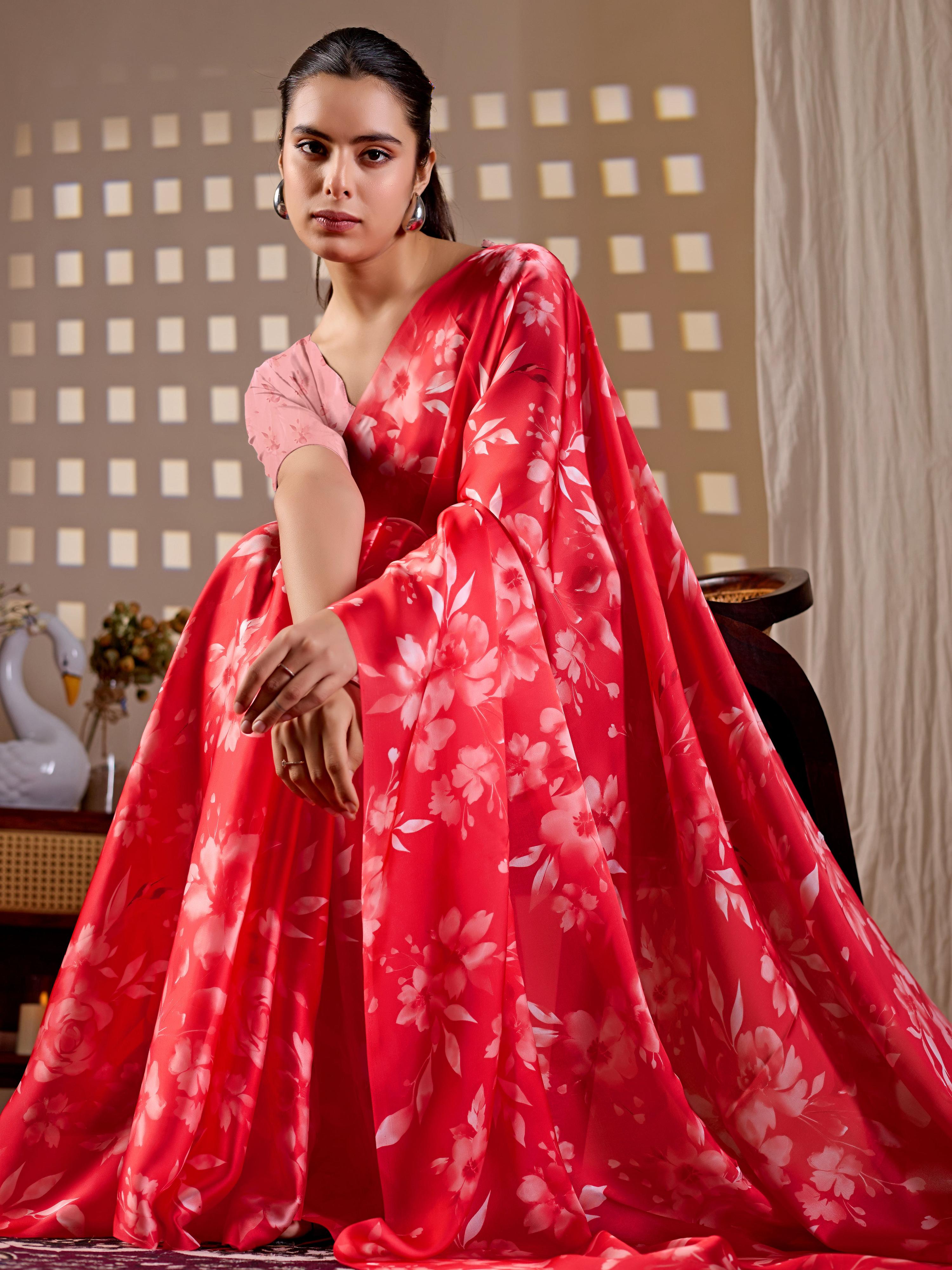 Red Soft Satin Georgette Printed Saree with Peach Blouse
