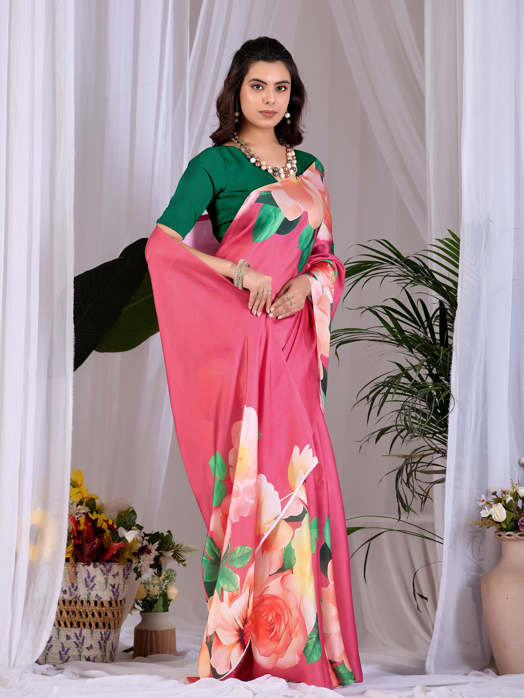 Pink Satin Georgette Printed Saree with Contrast Green Blouse