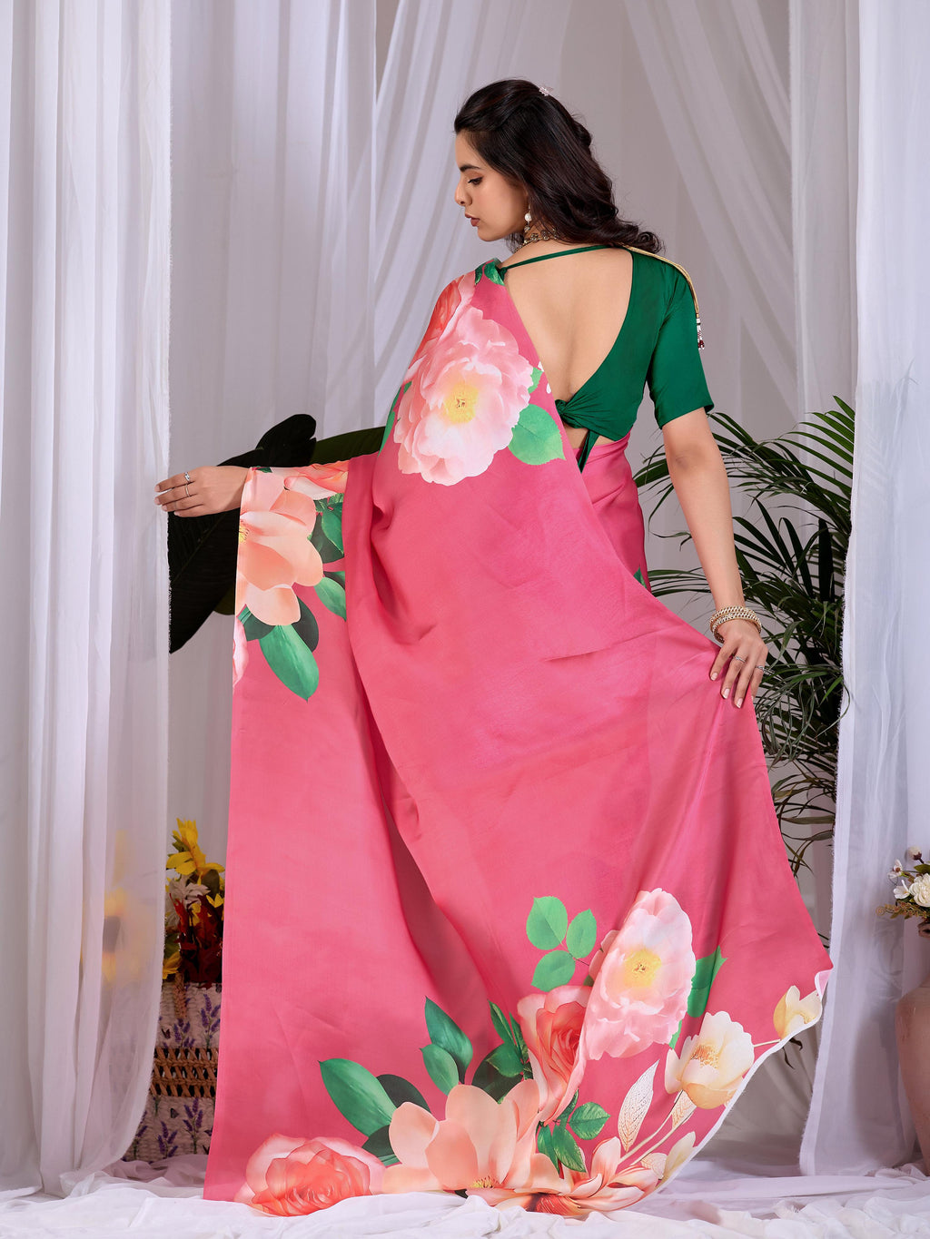 Pink Satin Georgette Printed Saree with Contrast Green Blouse